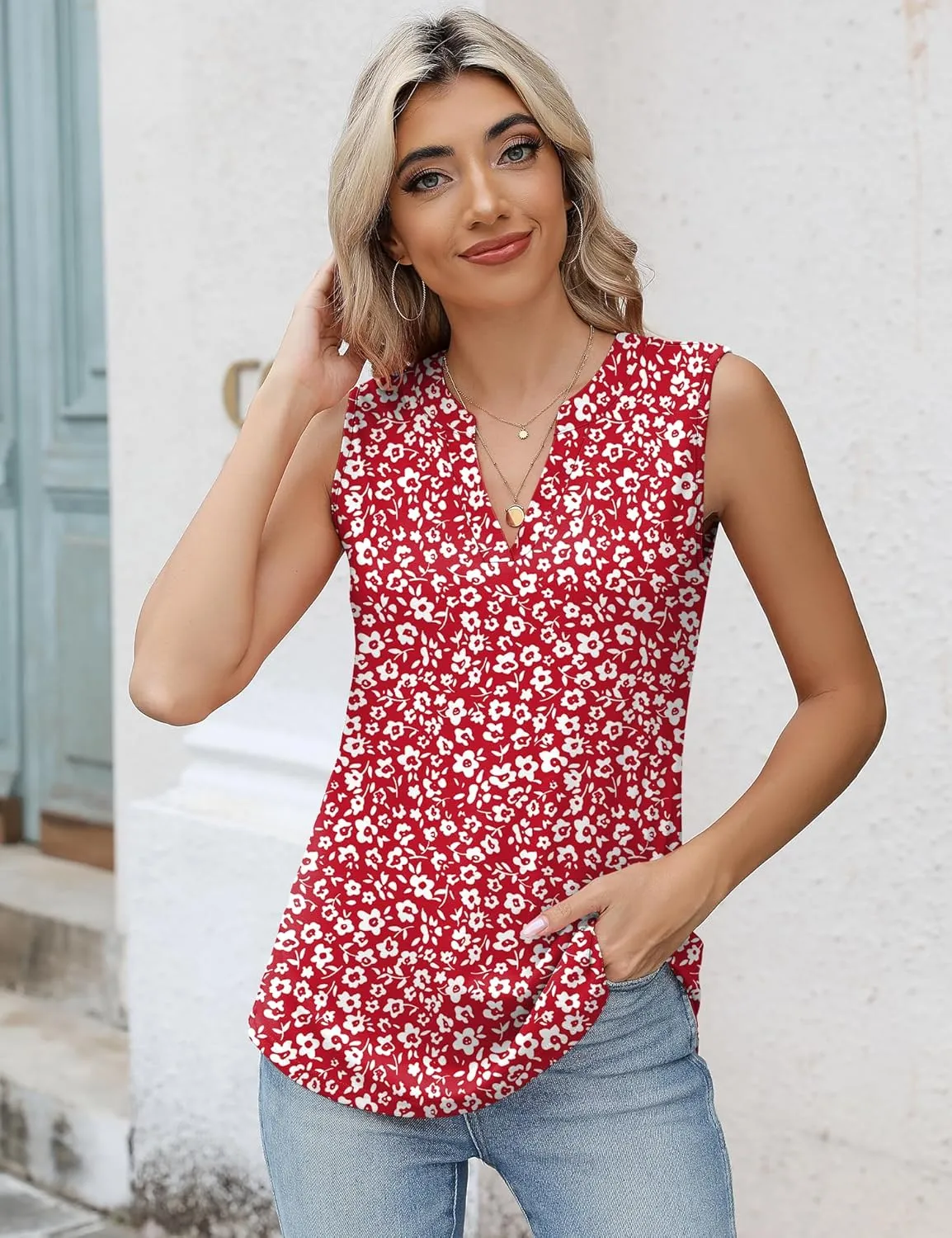 Romanstii Sleeveless Shirts for Women Casual Summer V Neck Tank Tops Dressy Blouses Tunic