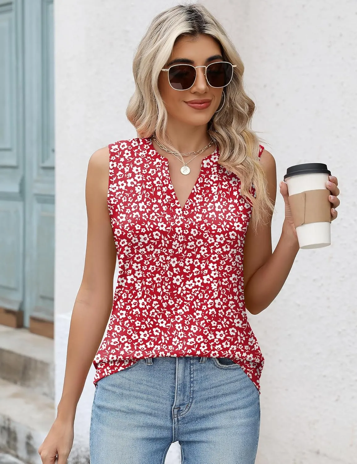 Romanstii Sleeveless Shirts for Women Casual Summer V Neck Tank Tops Dressy Blouses Tunic