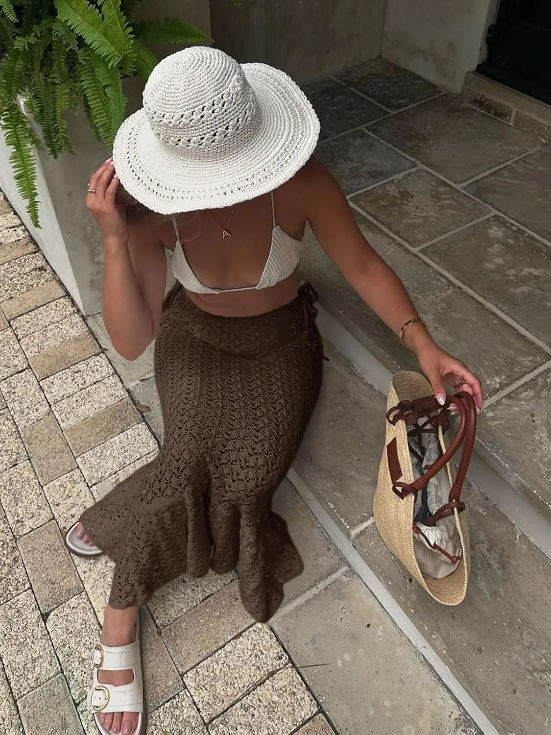 Saodimallsu Womens Crochet Cover Up Skirt High Waisted Sheer Knit Summer Swimsuit Coverup Beach Fishtail Maxi Skirts