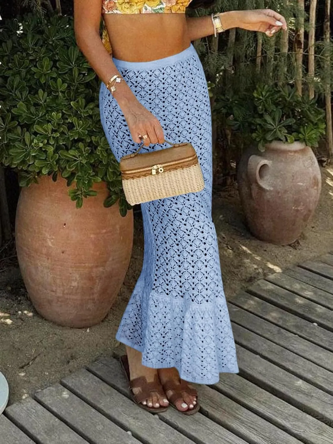 Saodimallsu Womens Crochet Cover Up Skirt High Waisted Sheer Knit Summer Swimsuit Coverup Beach Fishtail Maxi Skirts
