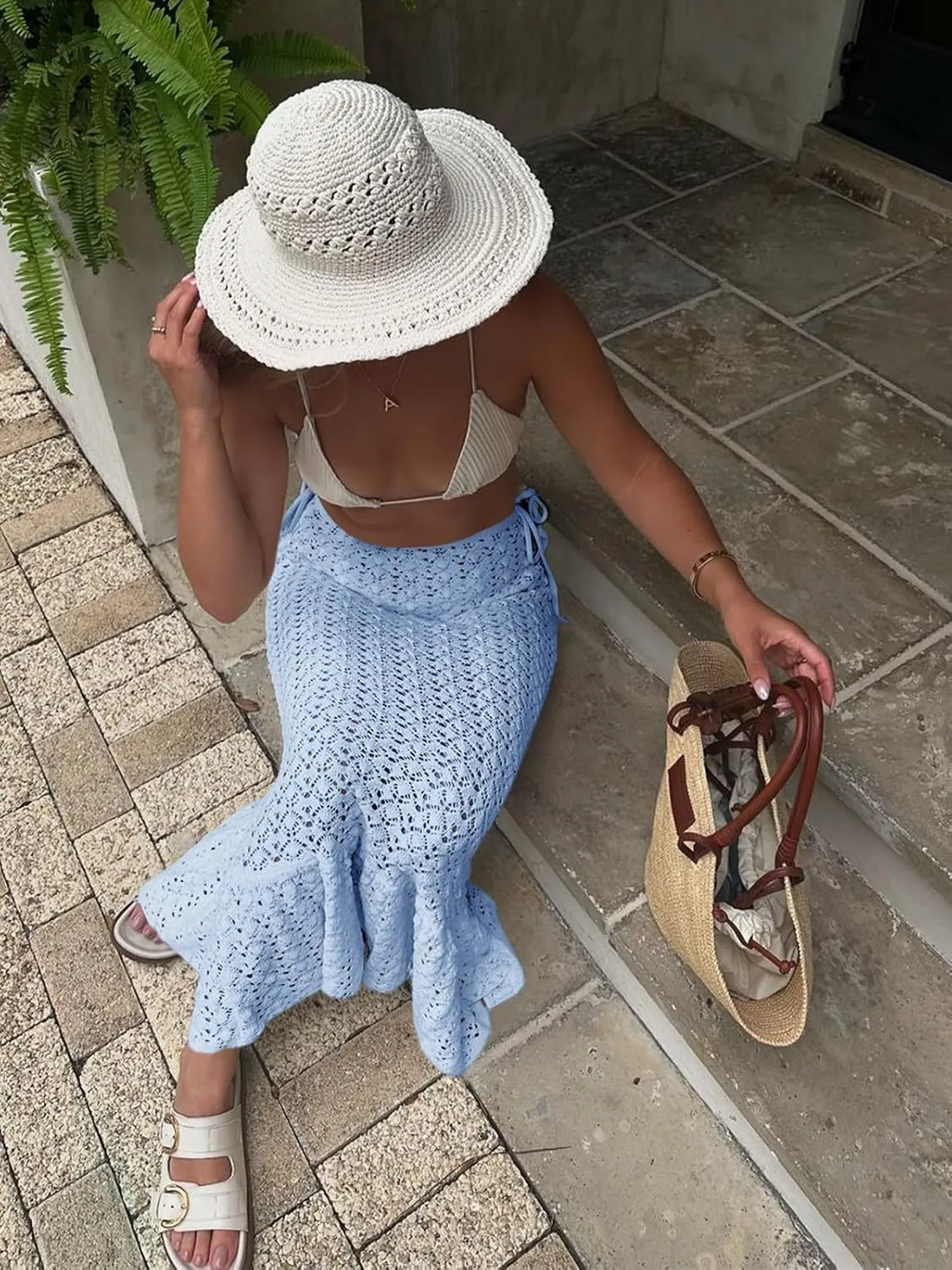 Saodimallsu Womens Crochet Cover Up Skirt High Waisted Sheer Knit Summer Swimsuit Coverup Beach Fishtail Maxi Skirts