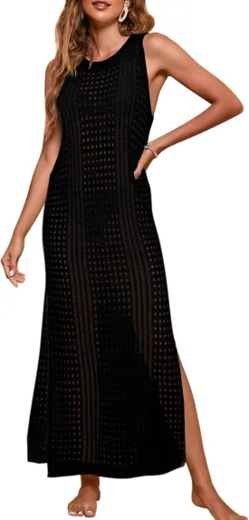 shermie Women's Crochet Swimsuit Cover Up Sleeveless Side Slit Loose Casual Long Beach Dress