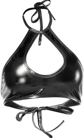Shiny Metallic Rave Tops for Women Sexy Wet Look Leather Bra Halter Strap Outfit Crop Tops