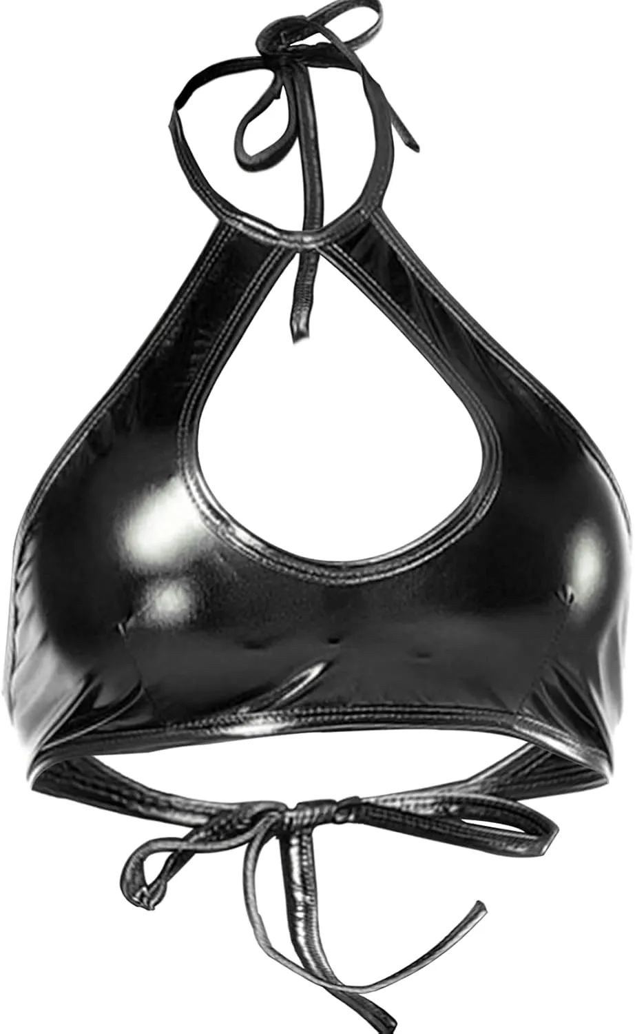 Shiny Metallic Rave Tops for Women Sexy Wet Look Leather Bra Halter Strap Outfit Crop Tops