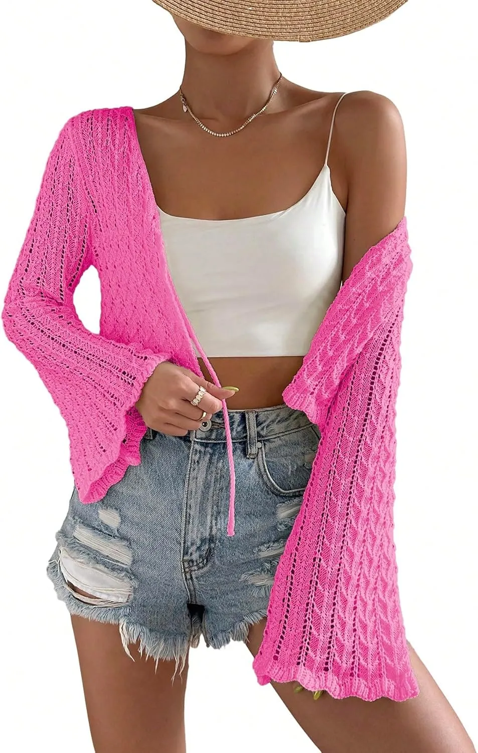 SOLY HUX Women's Tie Front Tops Bell Long Sleeve Knit Crochet Cardigan Crop Top