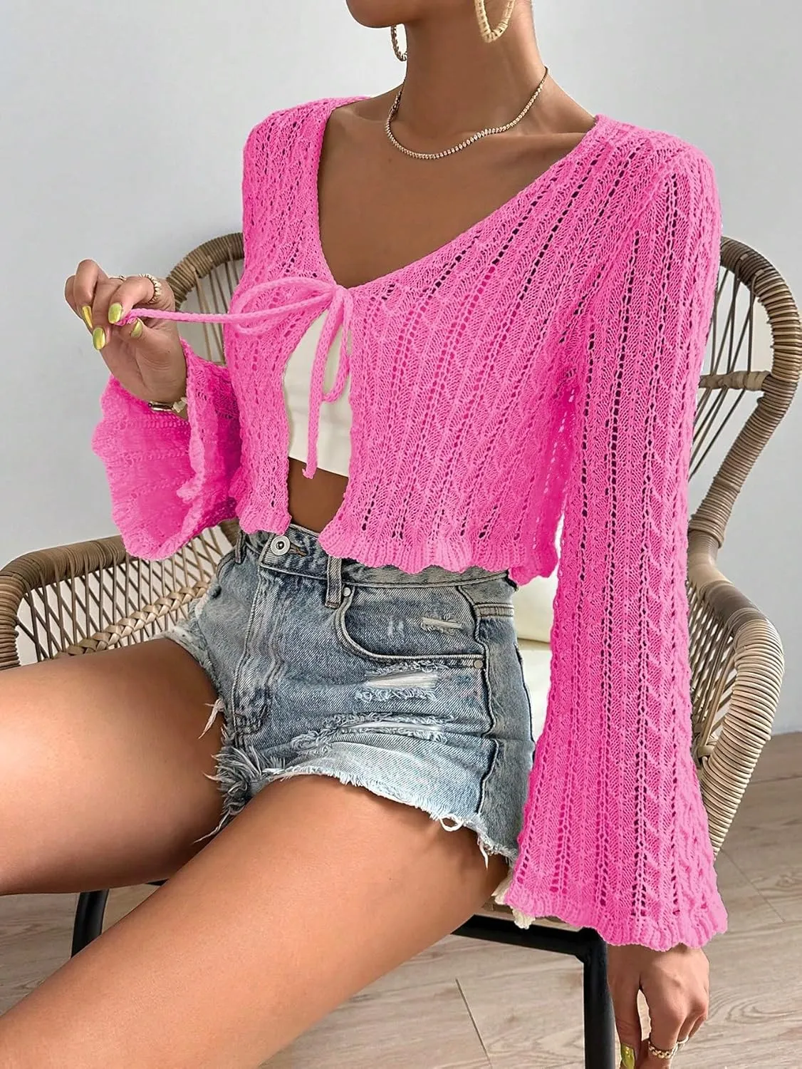 SOLY HUX Women's Tie Front Tops Bell Long Sleeve Knit Crochet Cardigan Crop Top