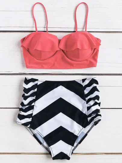 Tropical chevron high waist 2 piece bikini set