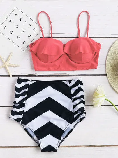 Tropical chevron high waist 2 piece bikini set