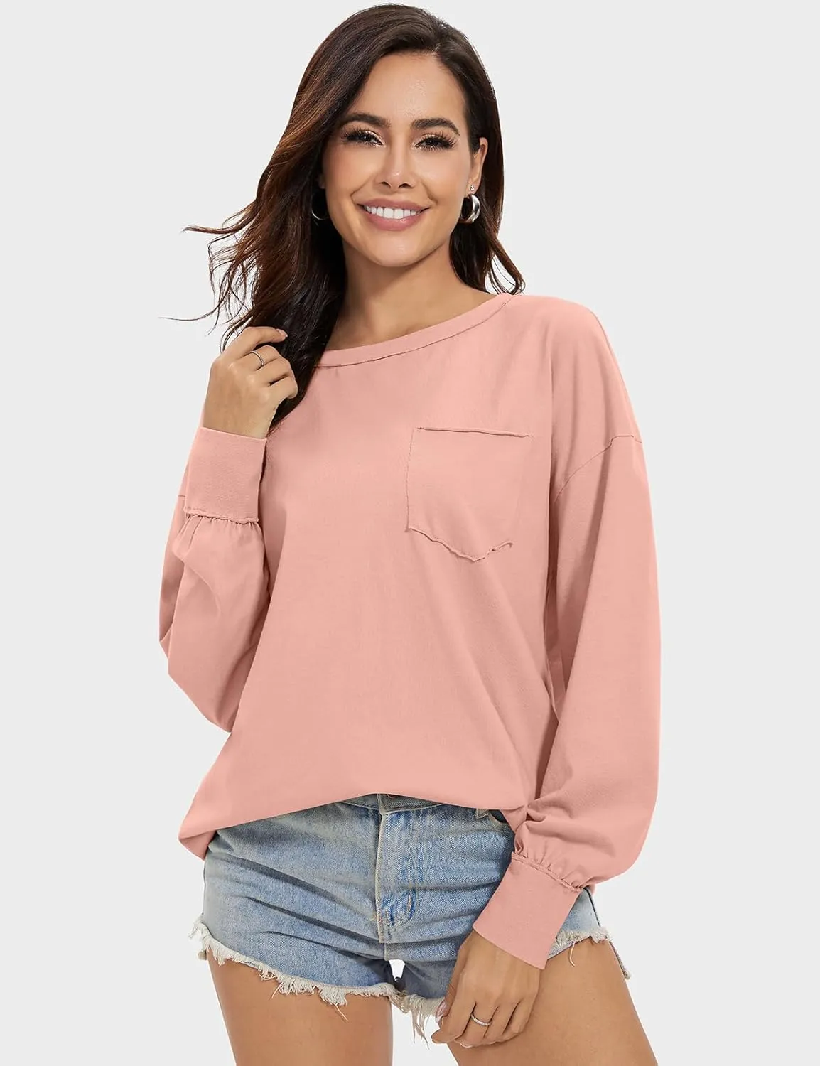 UEU Womens Long Sleeve Tops Crew Neck Casual Oversized Cotton Shirts Blouses Tshirt Tee 2024 Fall Trendy Clothes with Pockets