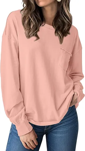 UEU Womens Long Sleeve Tops Crew Neck Casual Oversized Cotton Shirts Blouses Tshirt Tee 2024 Fall Trendy Clothes with Pockets