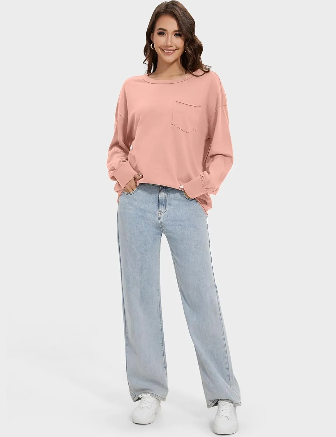 UEU Womens Long Sleeve Tops Crew Neck Casual Oversized Cotton Shirts Blouses Tshirt Tee 2024 Fall Trendy Clothes with Pockets