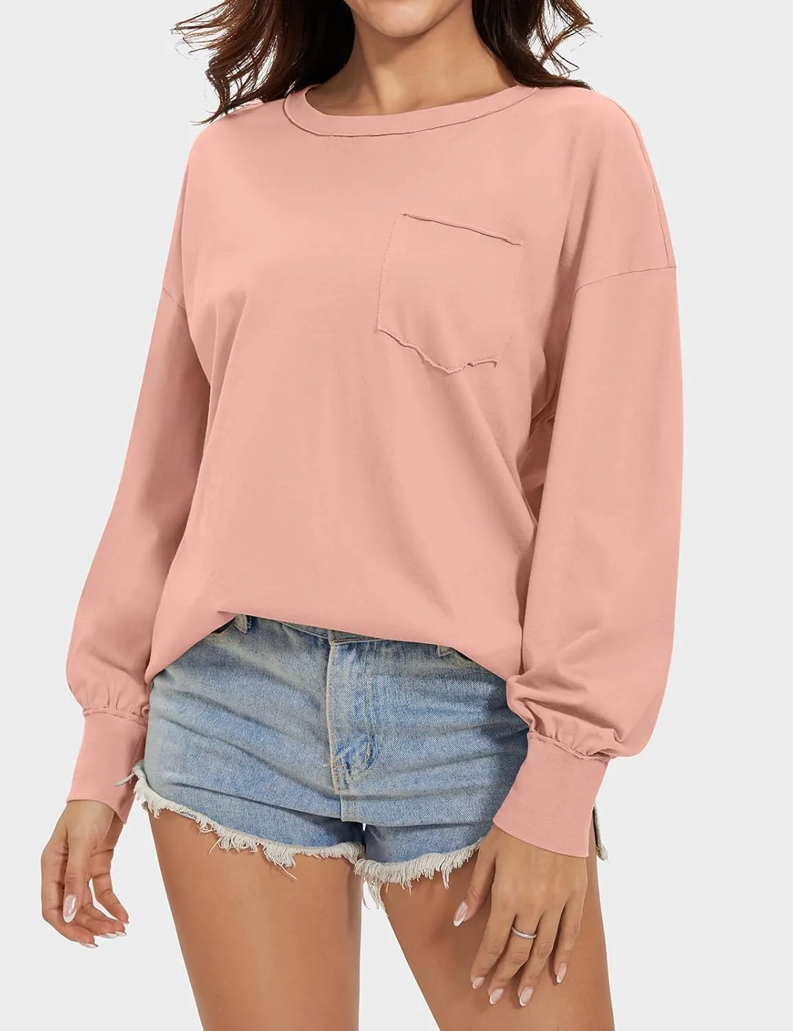 UEU Womens Long Sleeve Tops Crew Neck Casual Oversized Cotton Shirts Blouses Tshirt Tee 2024 Fall Trendy Clothes with Pockets