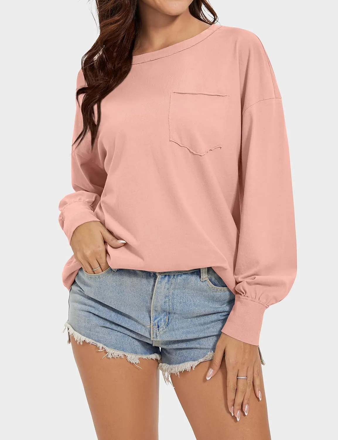 UEU Womens Long Sleeve Tops Crew Neck Casual Oversized Cotton Shirts Blouses Tshirt Tee 2024 Fall Trendy Clothes with Pockets