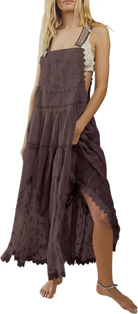 utcoco Women's Summer Laced Embroidered Tulle Bib Overall Dress Casual Loose Adjustable Straps Sleeveless Maxi Dress