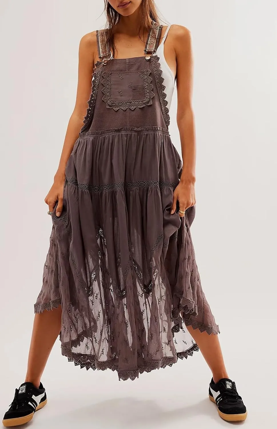 utcoco Women's Summer Laced Embroidered Tulle Bib Overall Dress Casual Loose Adjustable Straps Sleeveless Maxi Dress
