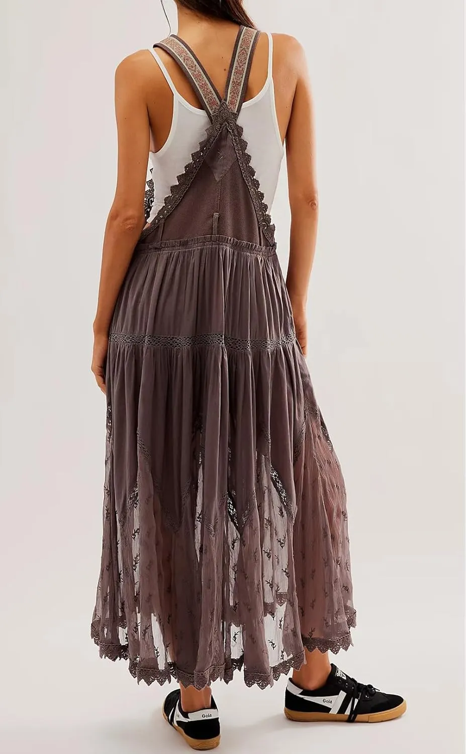 utcoco Women's Summer Laced Embroidered Tulle Bib Overall Dress Casual Loose Adjustable Straps Sleeveless Maxi Dress
