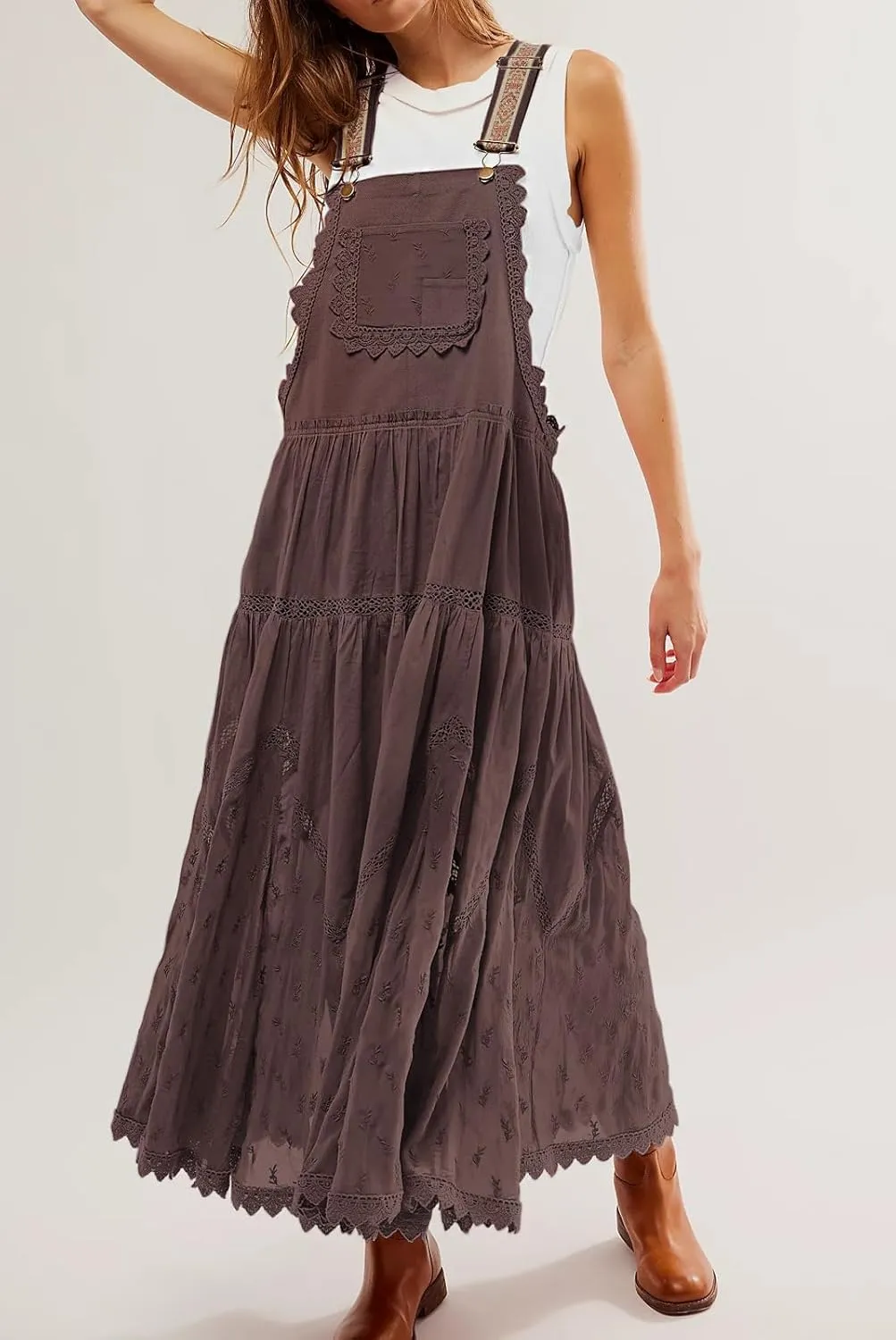 utcoco Women's Summer Laced Embroidered Tulle Bib Overall Dress Casual Loose Adjustable Straps Sleeveless Maxi Dress