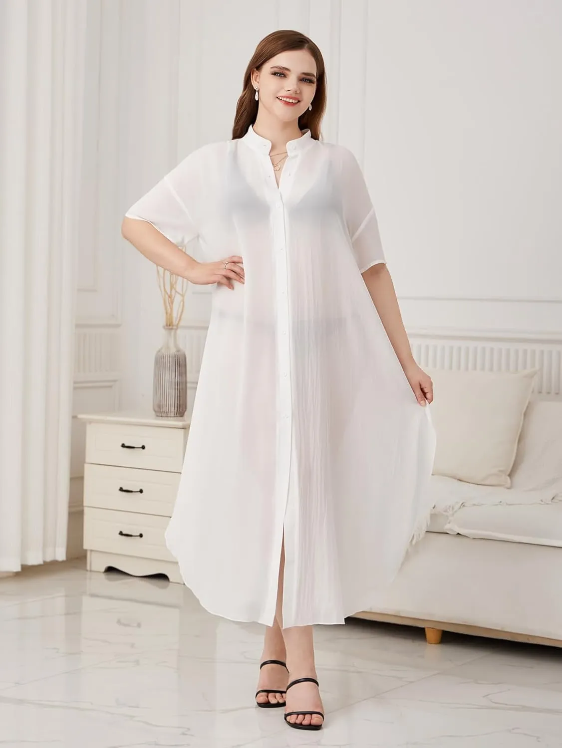 Verdusa Women's Plus Size Sheer Mesh Half Sleeve Loose Swimsuit Maxi Dress Cover Up
