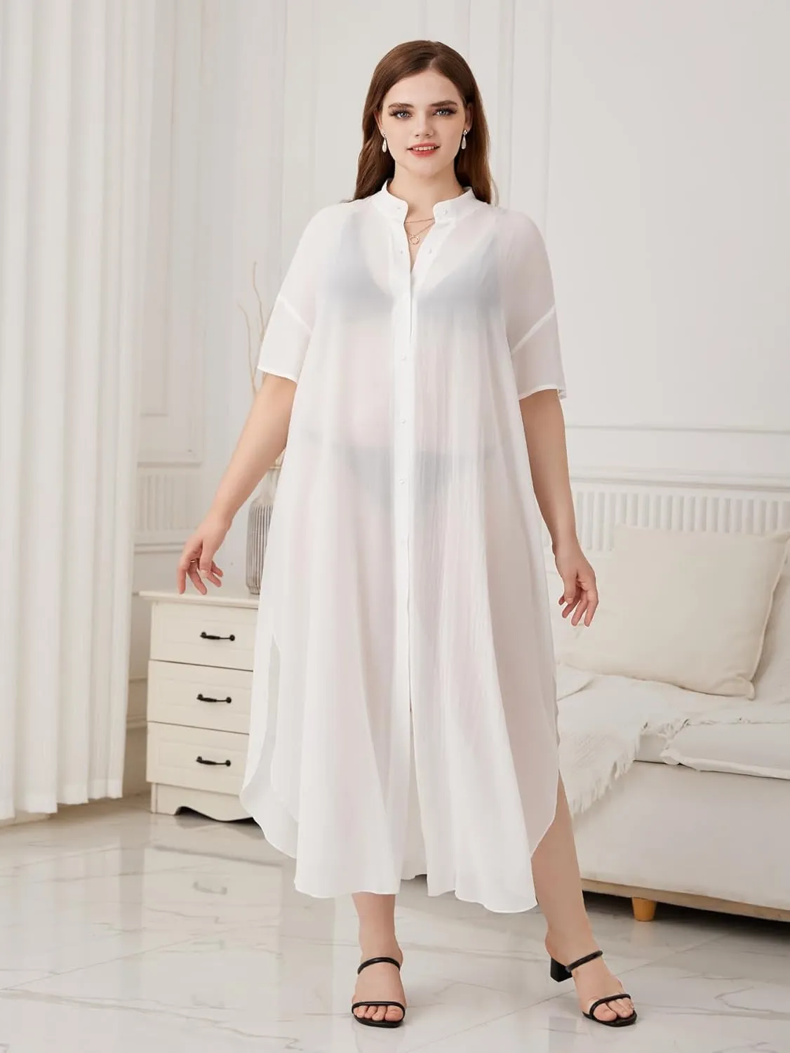 Verdusa Women's Plus Size Sheer Mesh Half Sleeve Loose Swimsuit Maxi Dress Cover Up
