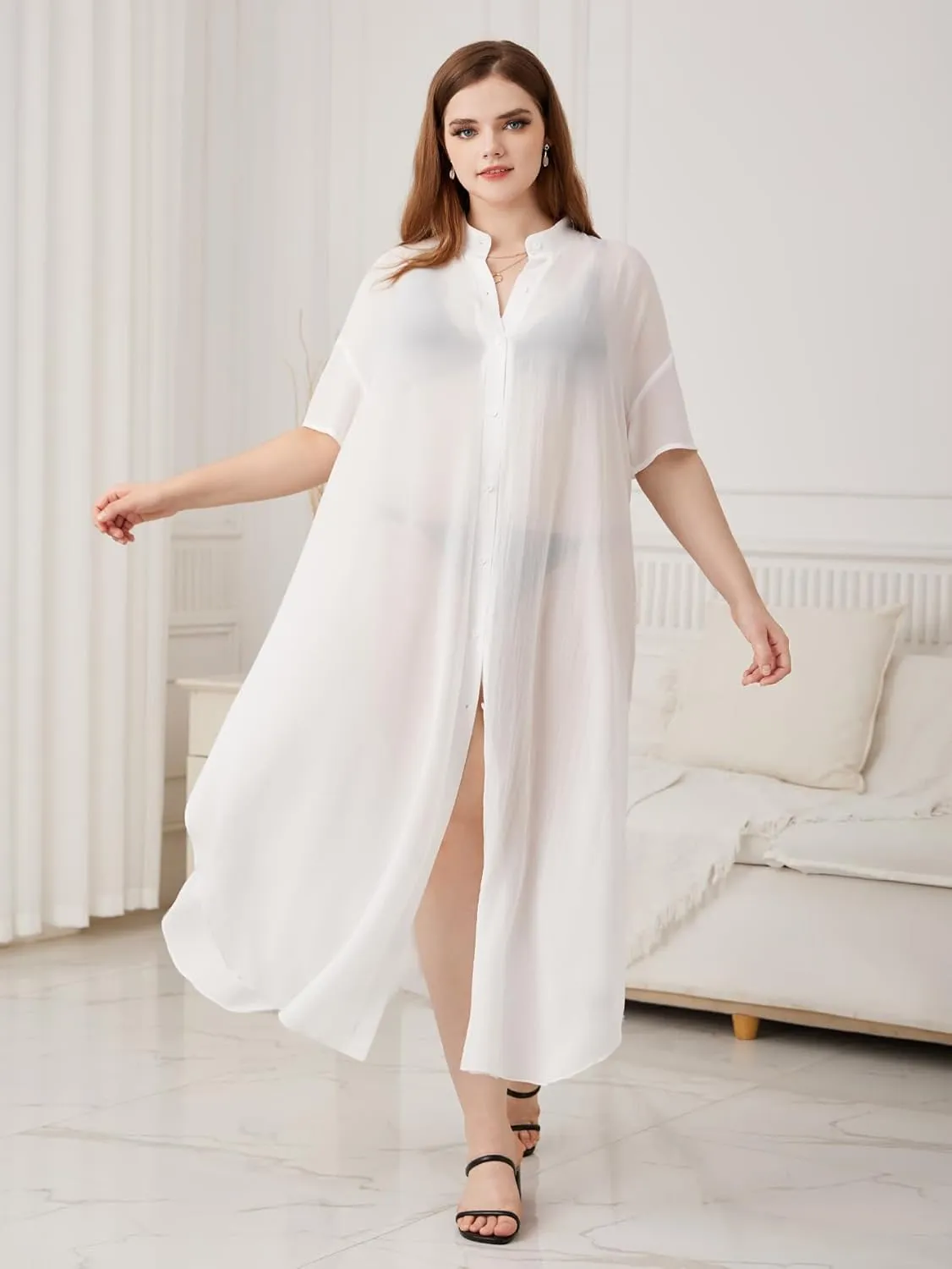 Verdusa Women's Plus Size Sheer Mesh Half Sleeve Loose Swimsuit Maxi Dress Cover Up
