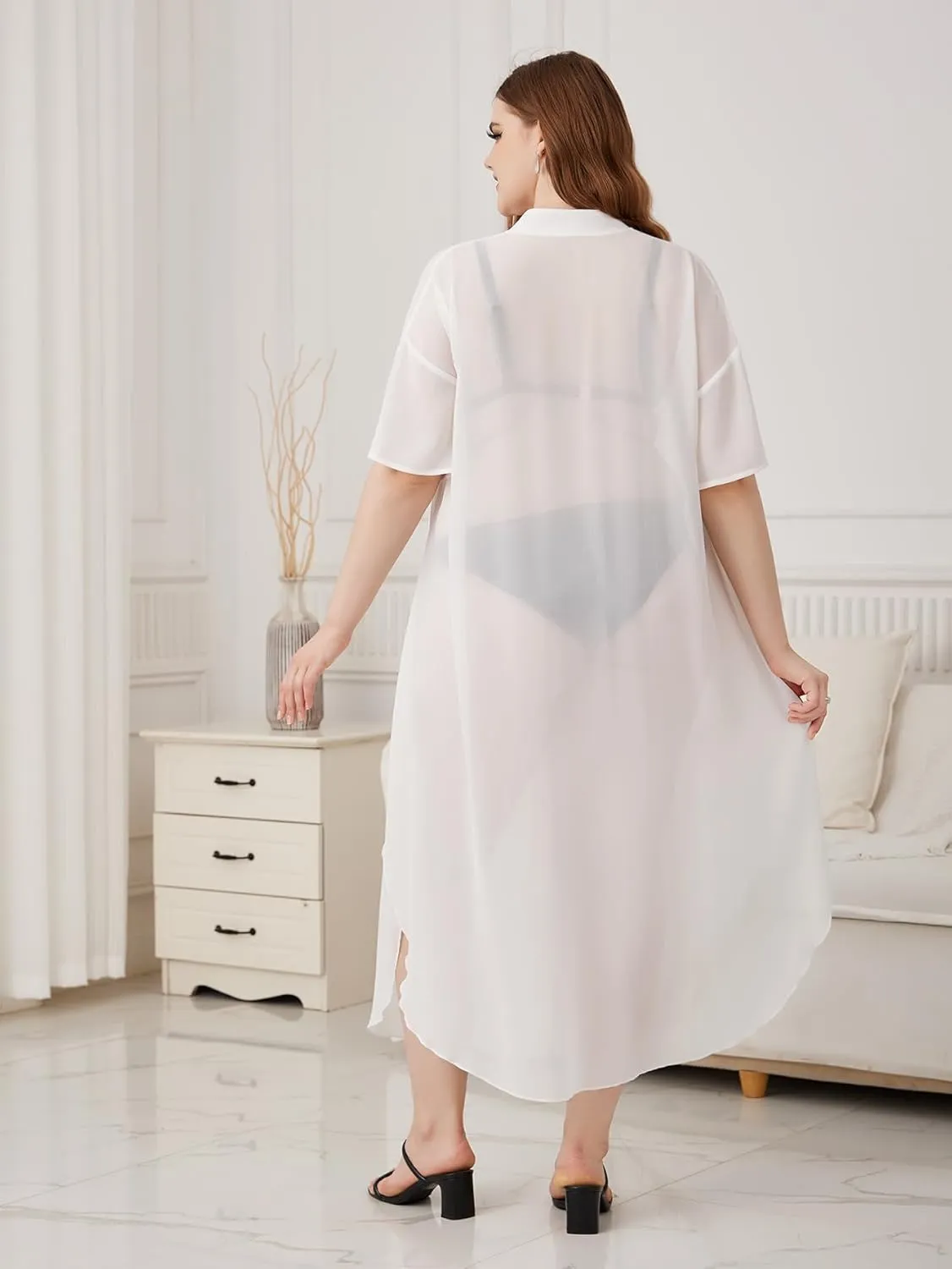 Verdusa Women's Plus Size Sheer Mesh Half Sleeve Loose Swimsuit Maxi Dress Cover Up