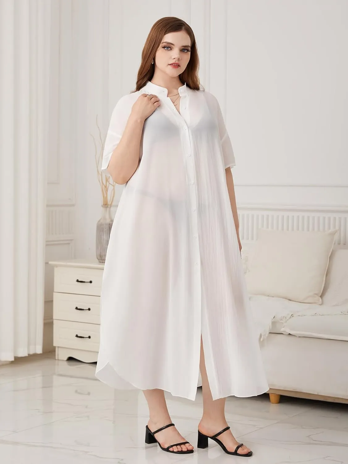 Verdusa Women's Plus Size Sheer Mesh Half Sleeve Loose Swimsuit Maxi Dress Cover Up
