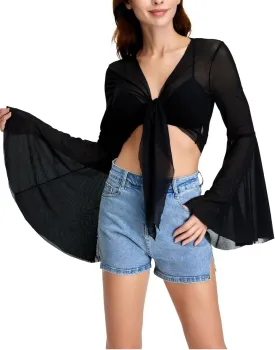 Verdusa Women's Tie Front Bell Long Sleeve Blouse Sheer Mesh Crop Top