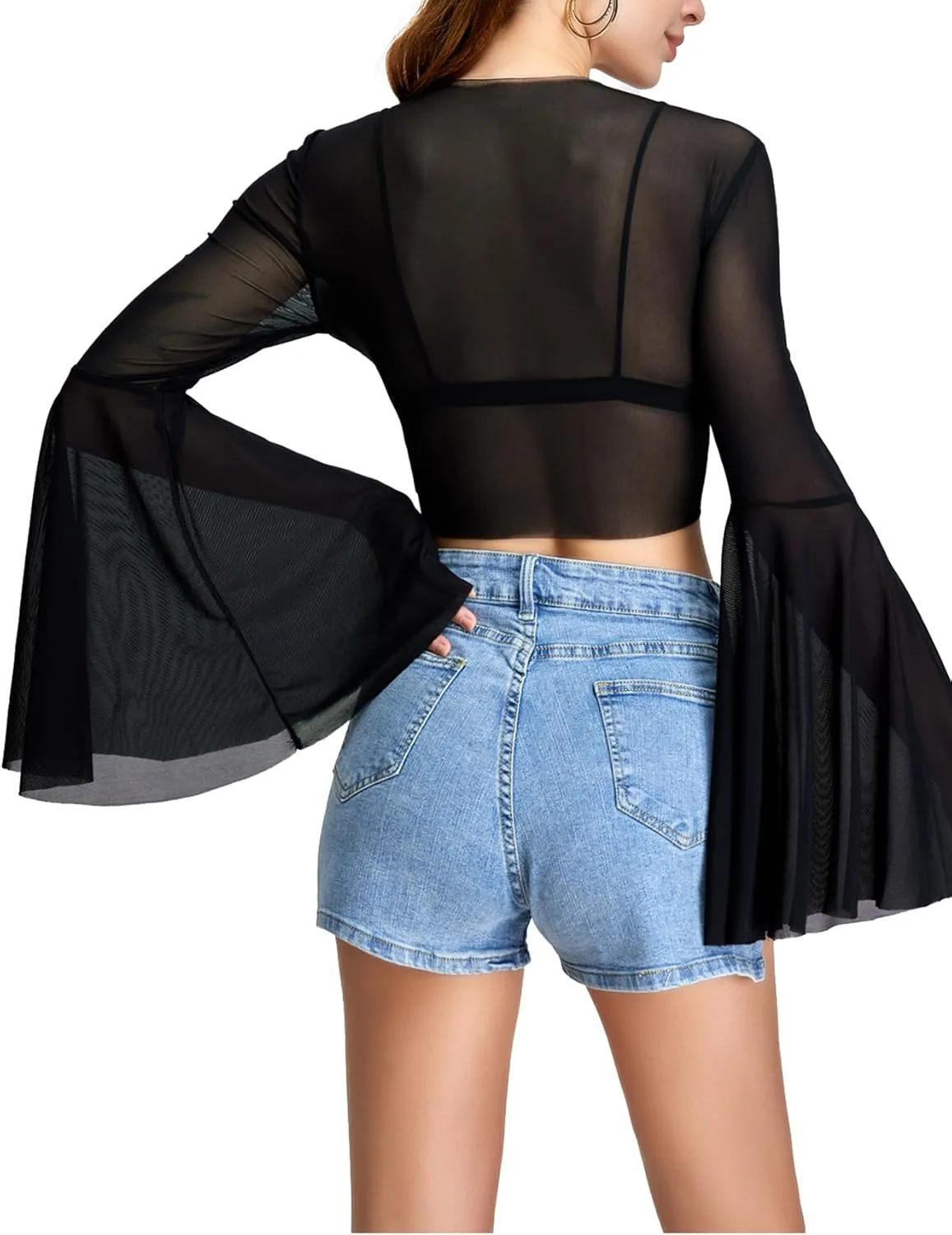 Verdusa Women's Tie Front Bell Long Sleeve Blouse Sheer Mesh Crop Top