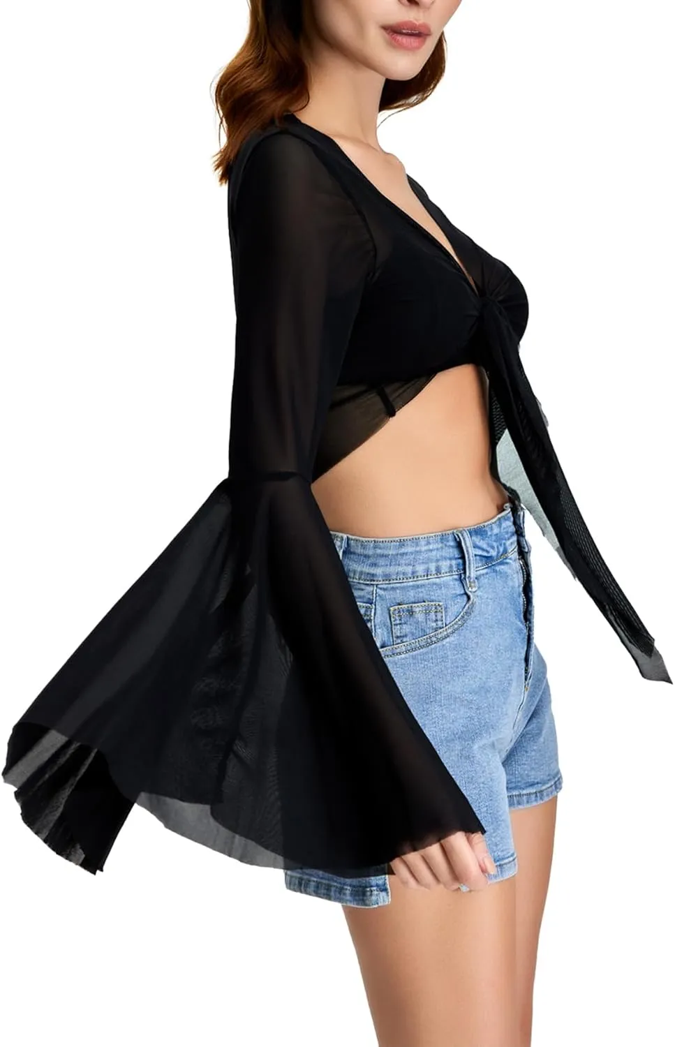 Verdusa Women's Tie Front Bell Long Sleeve Blouse Sheer Mesh Crop Top