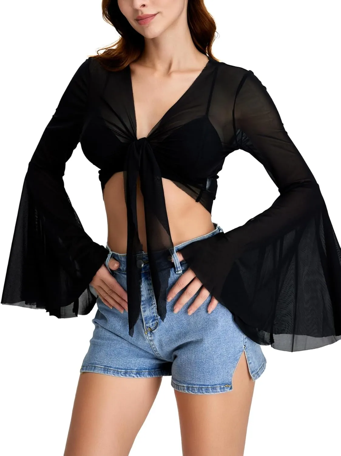 Verdusa Women's Tie Front Bell Long Sleeve Blouse Sheer Mesh Crop Top