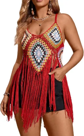 WDIRARA Women's Plus Size Floral Crochet Cami Top Boho Hollow Out Fringe Sleeveless Cover Up Tops