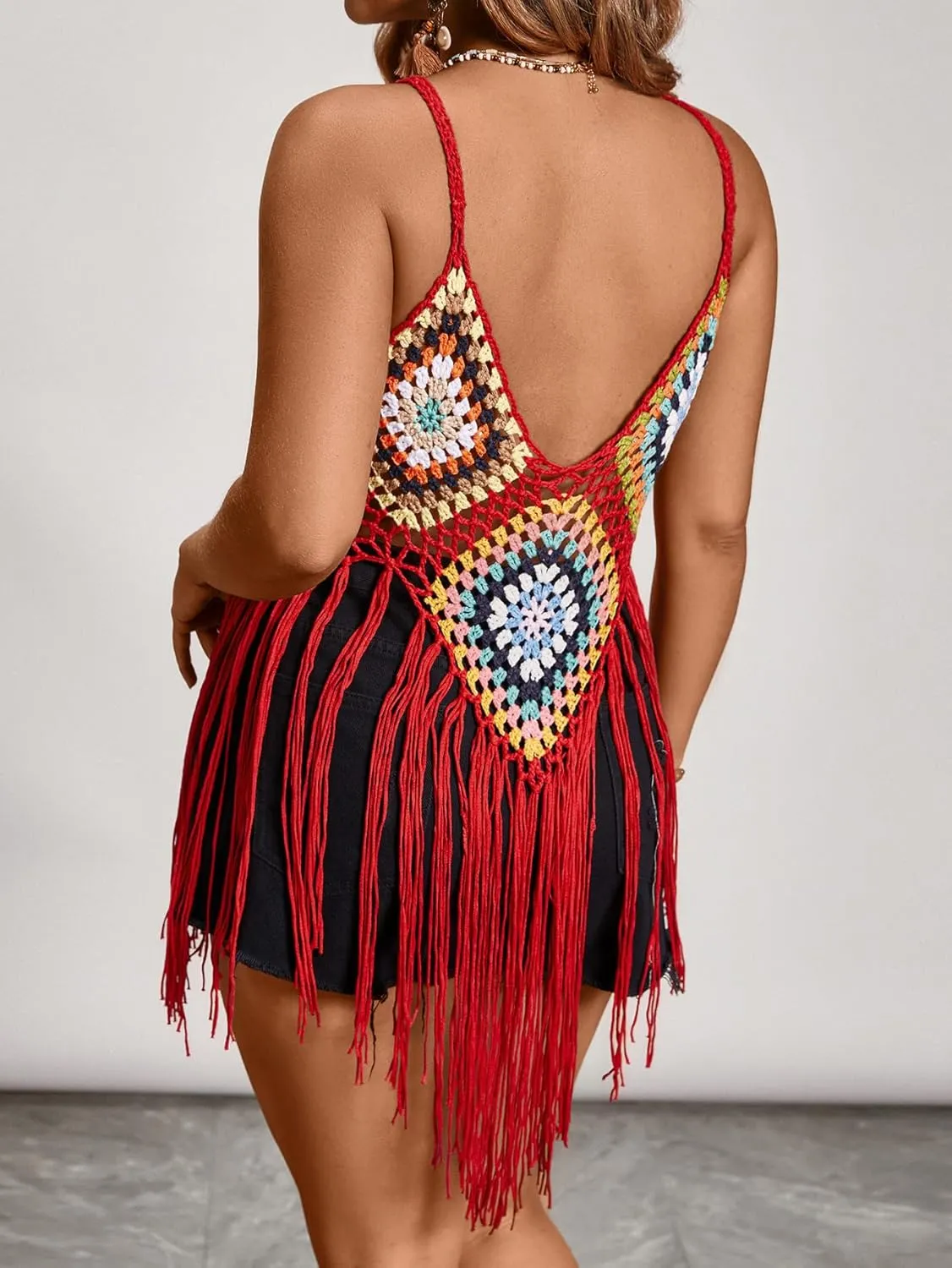 WDIRARA Women's Plus Size Floral Crochet Cami Top Boho Hollow Out Fringe Sleeveless Cover Up Tops