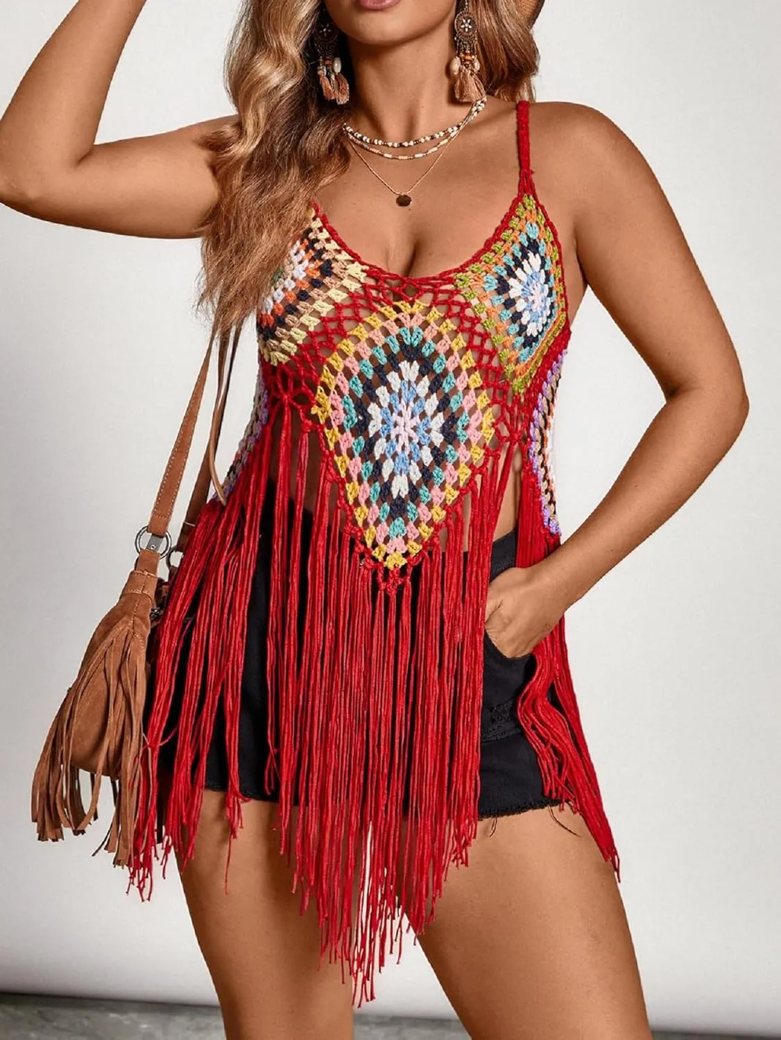 WDIRARA Women's Plus Size Floral Crochet Cami Top Boho Hollow Out Fringe Sleeveless Cover Up Tops
