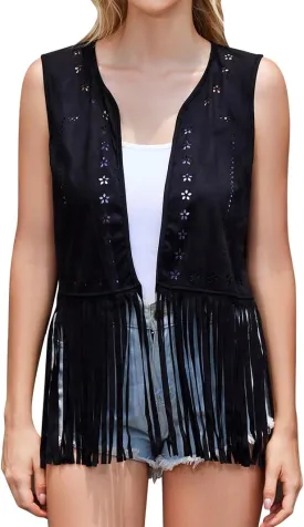 Western Women Fringe Tassel Vest 70s Cowgirl Faux Suede Sleeveless Vest
