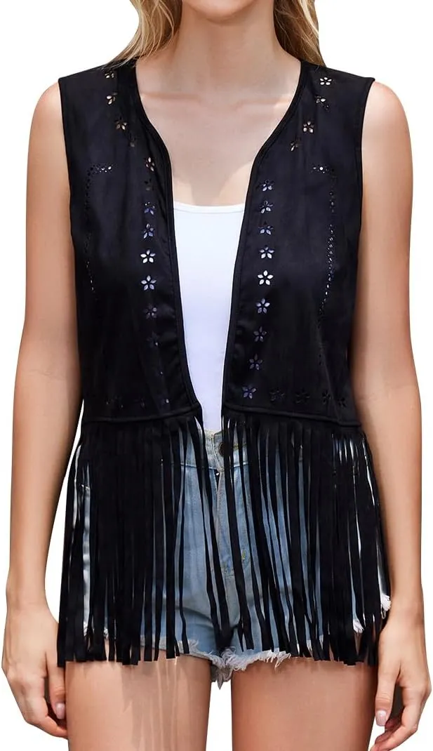 Western Women Fringe Tassel Vest 70s Cowgirl Faux Suede Sleeveless Vest