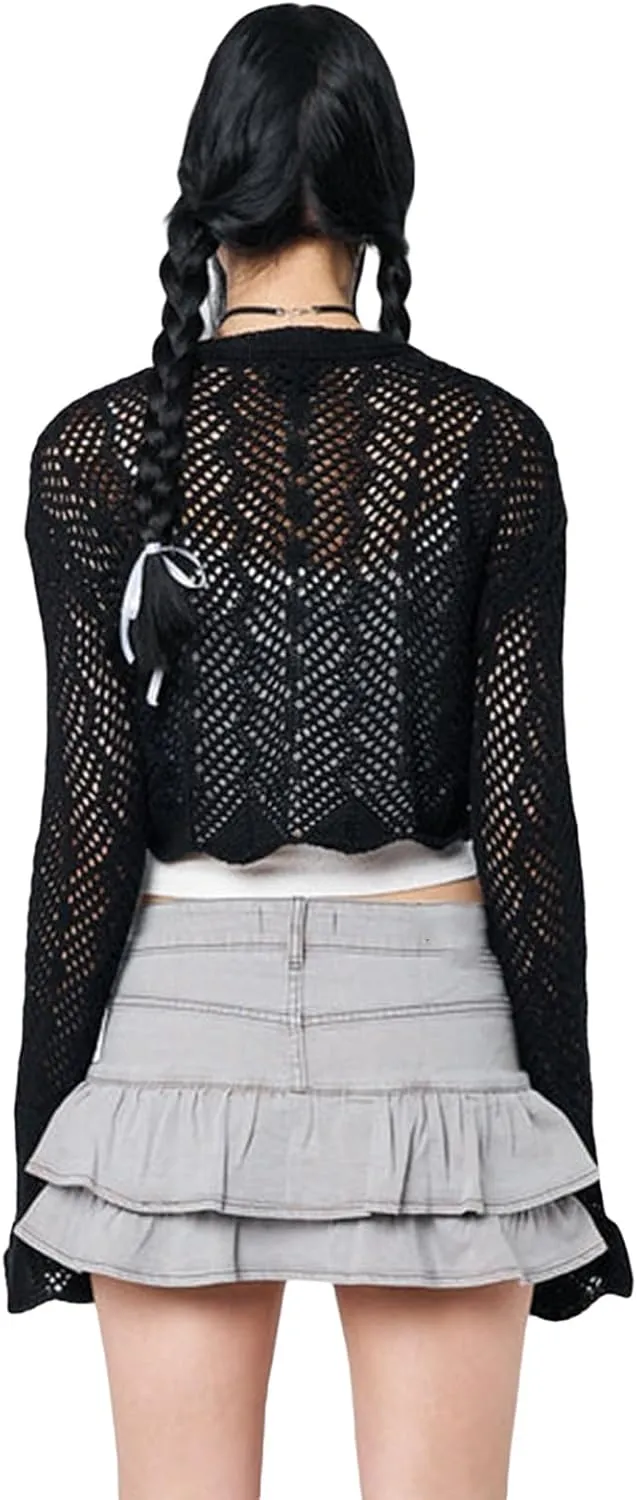 Women Crochet Sweaters Y2k Coquette Cropped Cardigan Sweaters V-Neck Flare Sleeve Tie Front Tops Hollow Out Pullover