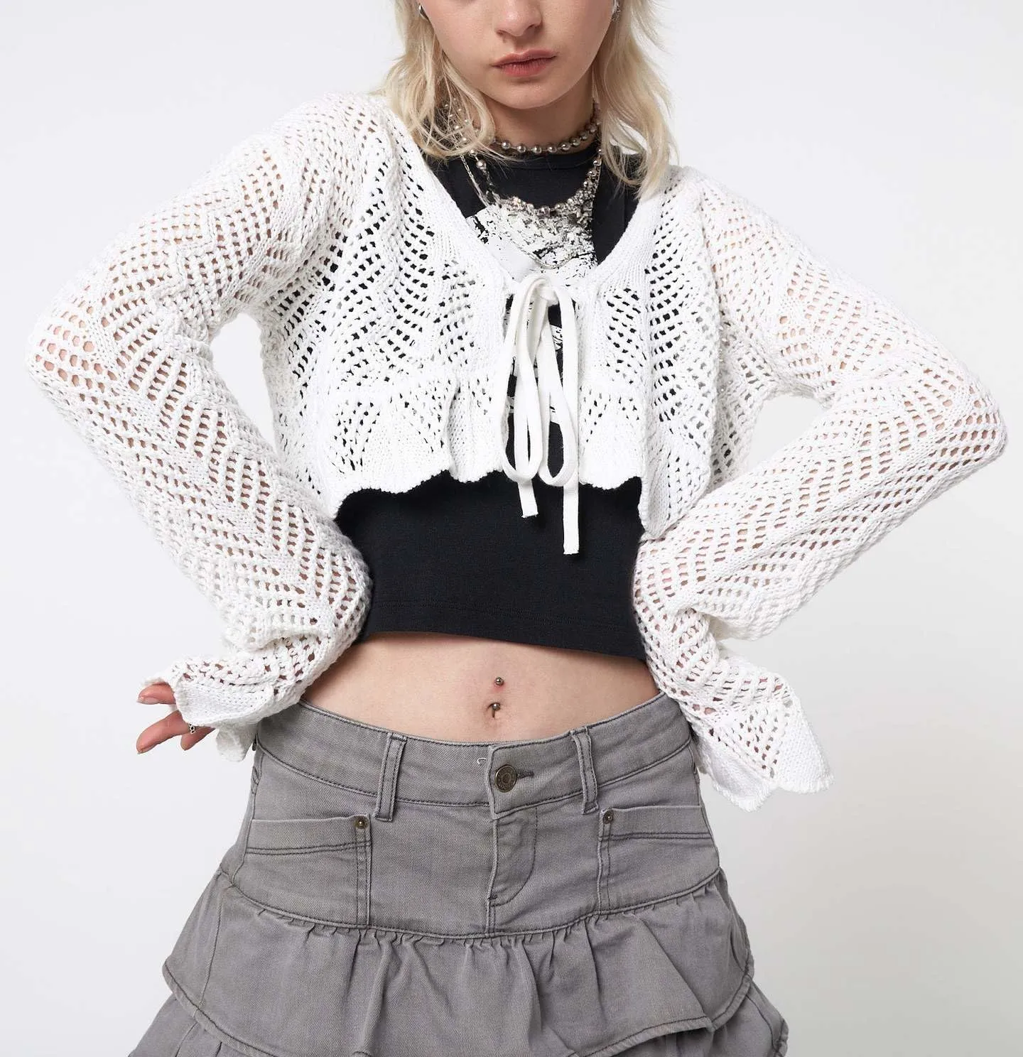 Women Crochet Sweaters Y2k Coquette Cropped Cardigan Sweaters V-Neck Flare Sleeve Tie Front Tops Hollow Out Pullover