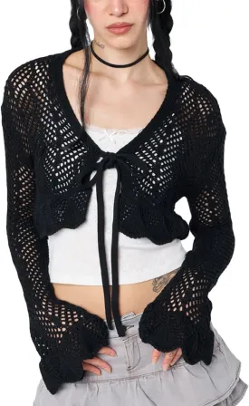 Women Crochet Sweaters Y2k Coquette Cropped Cardigan Sweaters V-Neck Flare Sleeve Tie Front Tops Hollow Out Pullover