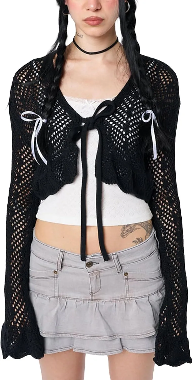 Women Crochet Sweaters Y2k Coquette Cropped Cardigan Sweaters V-Neck Flare Sleeve Tie Front Tops Hollow Out Pullover