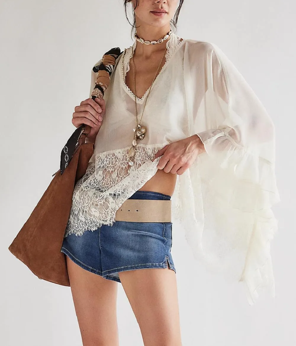 Women Sheer Poncho Tops Oversized Batwing Sleeve Blouse Contrast Lace See Through Mesh Cover Up Ruffle Flowy Boho Shirt