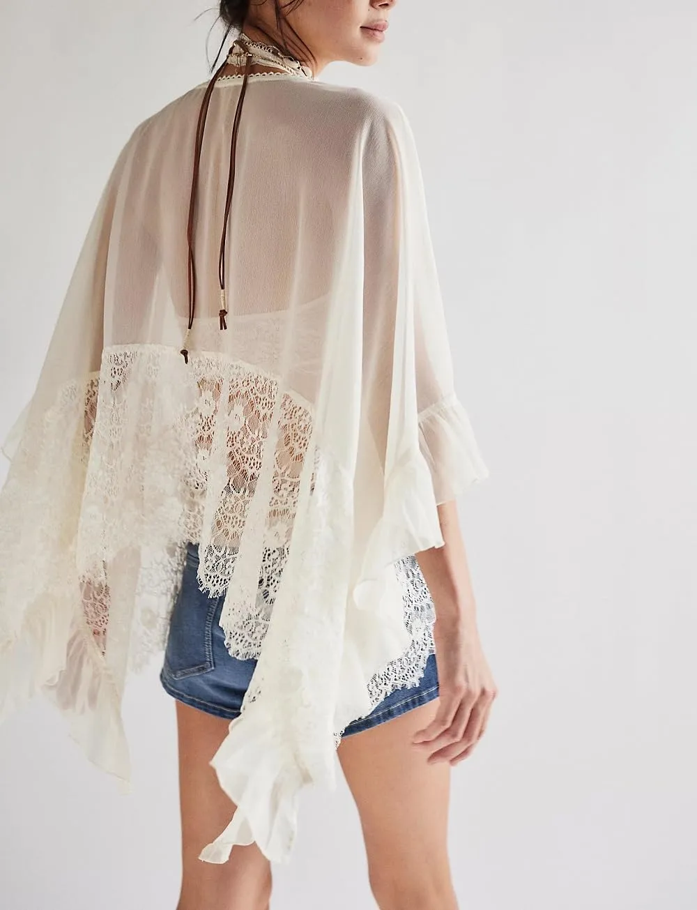 Women Sheer Poncho Tops Oversized Batwing Sleeve Blouse Contrast Lace See Through Mesh Cover Up Ruffle Flowy Boho Shirt