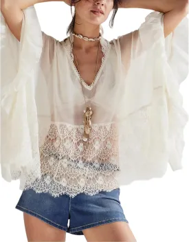 Women Sheer Poncho Tops Oversized Batwing Sleeve Blouse Contrast Lace See Through Mesh Cover Up Ruffle Flowy Boho Shirt