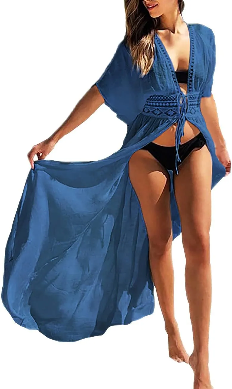 Women Swimsuit Cover Up Open Front Long Beach Kimono Cardigan Swim Bathing Suit Cover Ups with Drawstring One Size