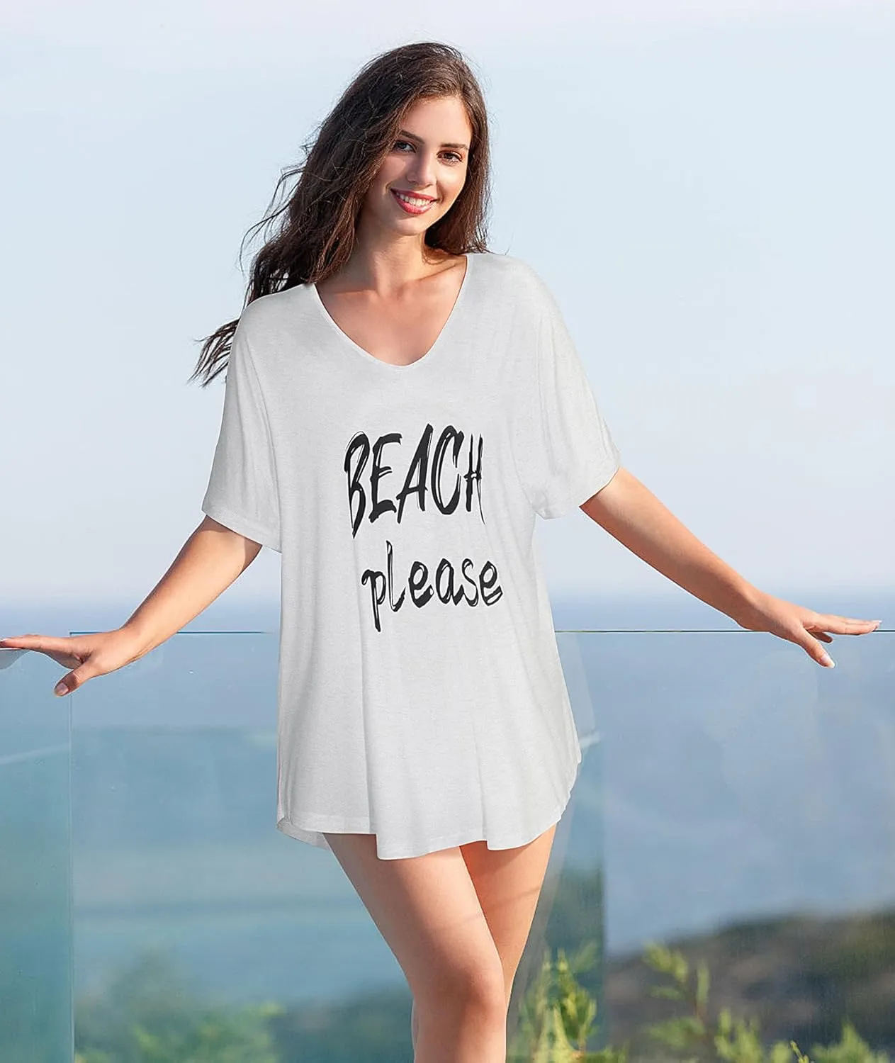 Women Swimsuit Coverup V-Neck Swimwear Bathing Suit Cover Up Cotton T-Shirt Bikini Dress