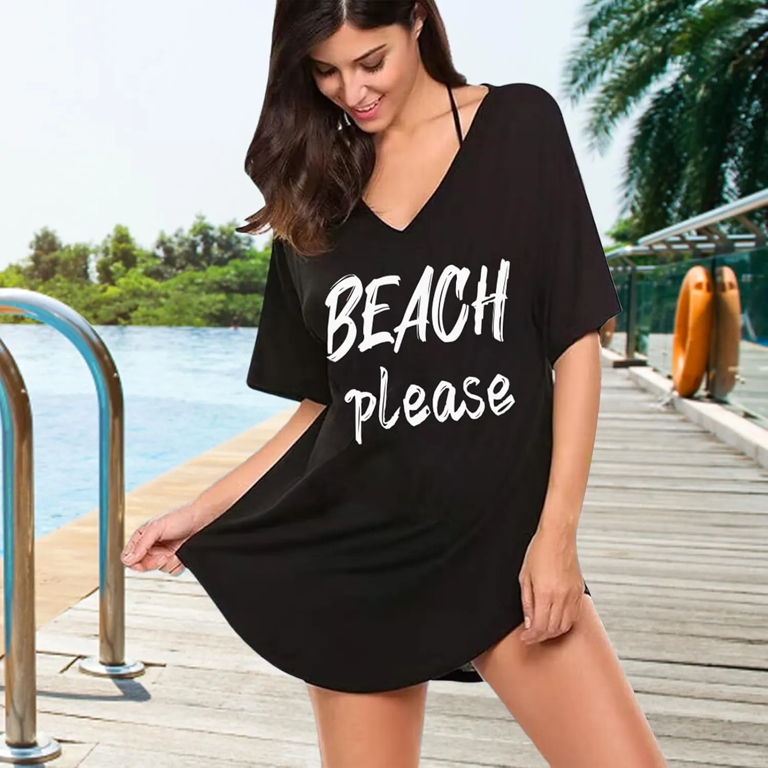 Women Swimsuit Coverup V-Neck Swimwear Bathing Suit Cover Up Cotton T-Shirt Bikini Dress