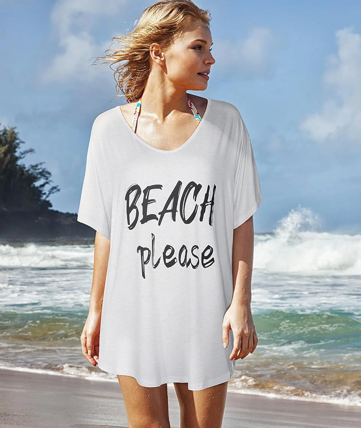 Women Swimsuit Coverup V-Neck Swimwear Bathing Suit Cover Up Cotton T-Shirt Bikini Dress