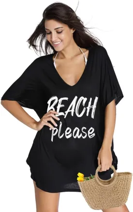 Women Swimsuit Coverup V-Neck Swimwear Bathing Suit Cover Up Cotton T-Shirt Bikini Dress