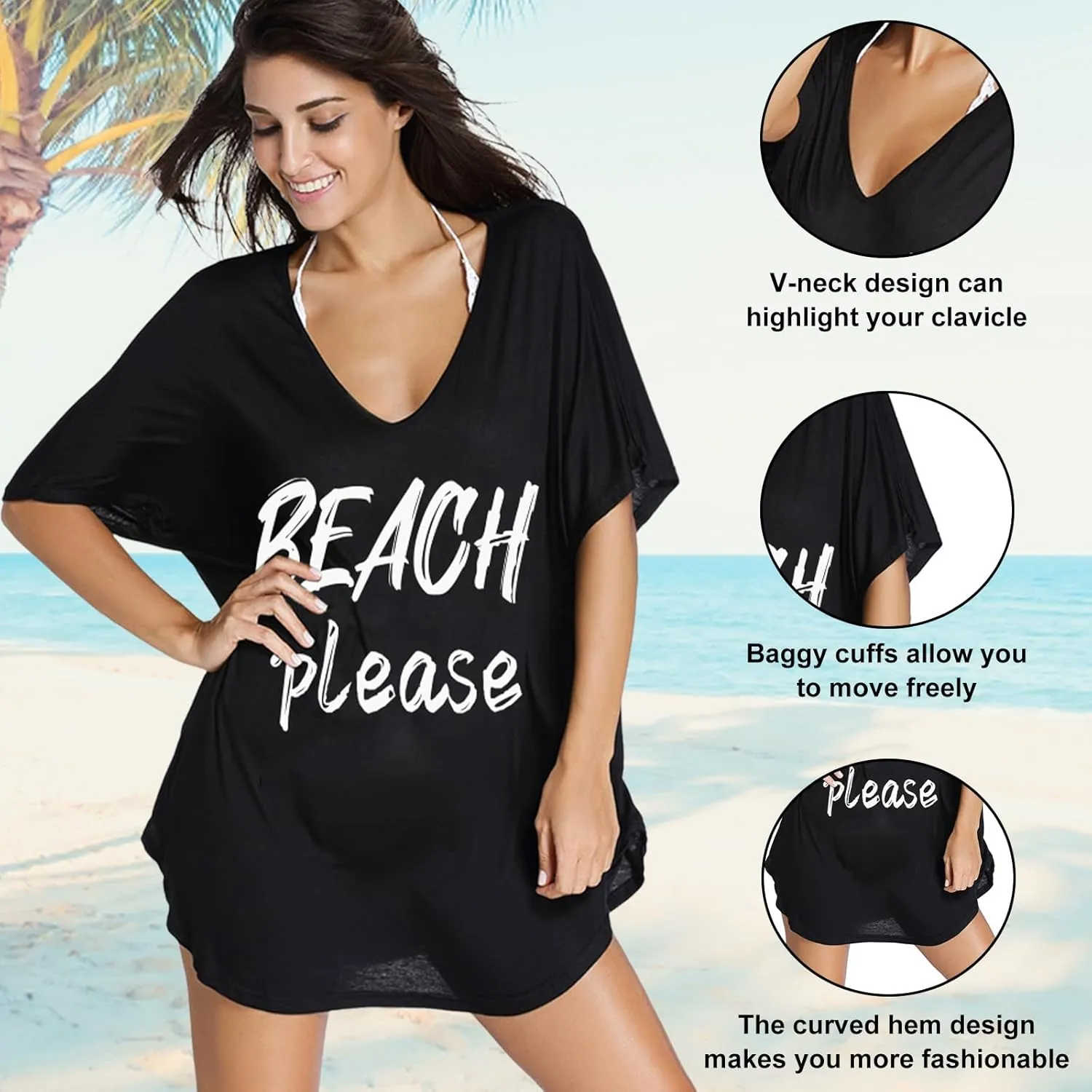 Women Swimsuit Coverup V-Neck Swimwear Bathing Suit Cover Up Cotton T-Shirt Bikini Dress