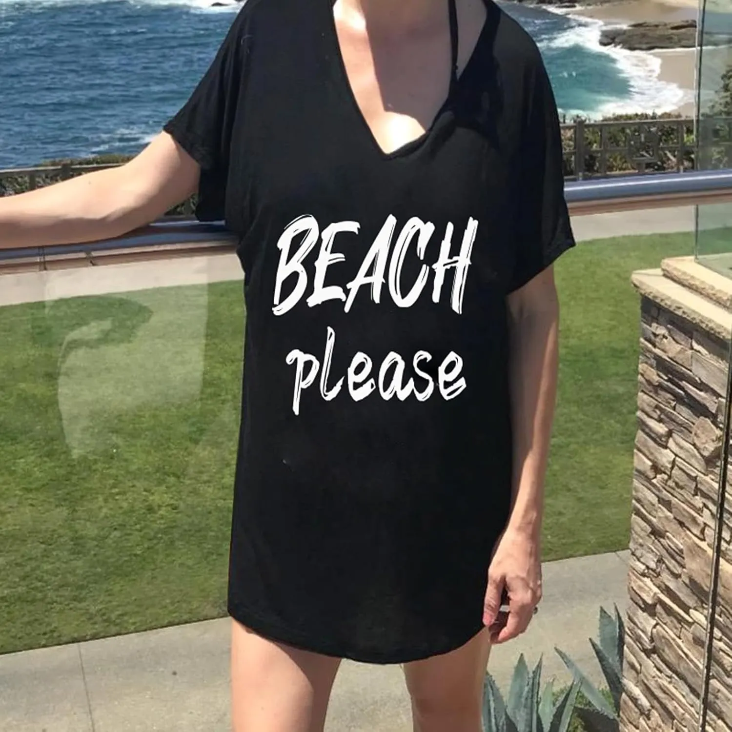Women Swimsuit Coverup V-Neck Swimwear Bathing Suit Cover Up Cotton T-Shirt Bikini Dress