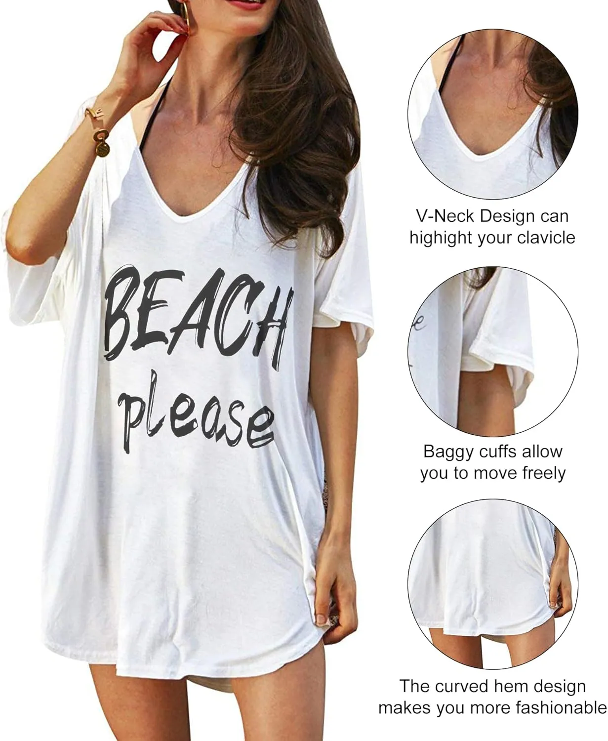 Women Swimsuit Coverup V-Neck Swimwear Bathing Suit Cover Up Cotton T-Shirt Bikini Dress